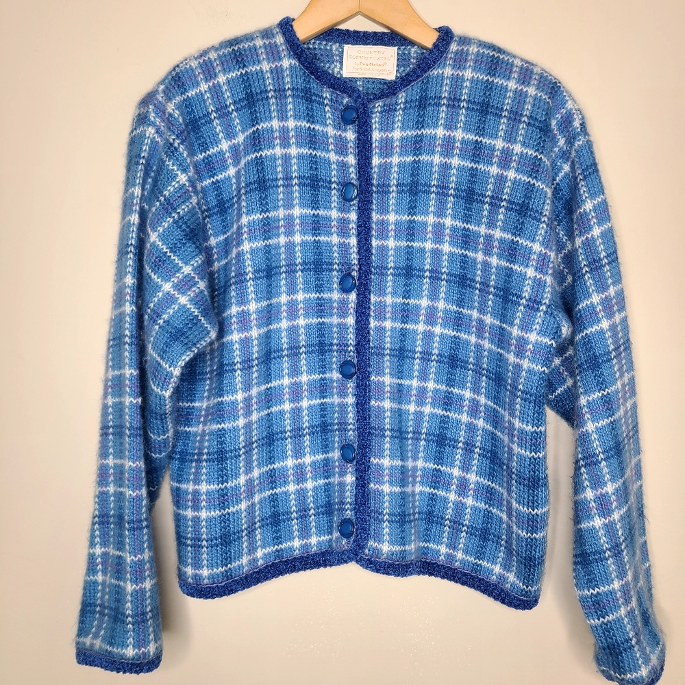 Vtg Pendleton Country Sophisticates Blue Plaid Wool Blend Sweater‎ Cardigan Sz M